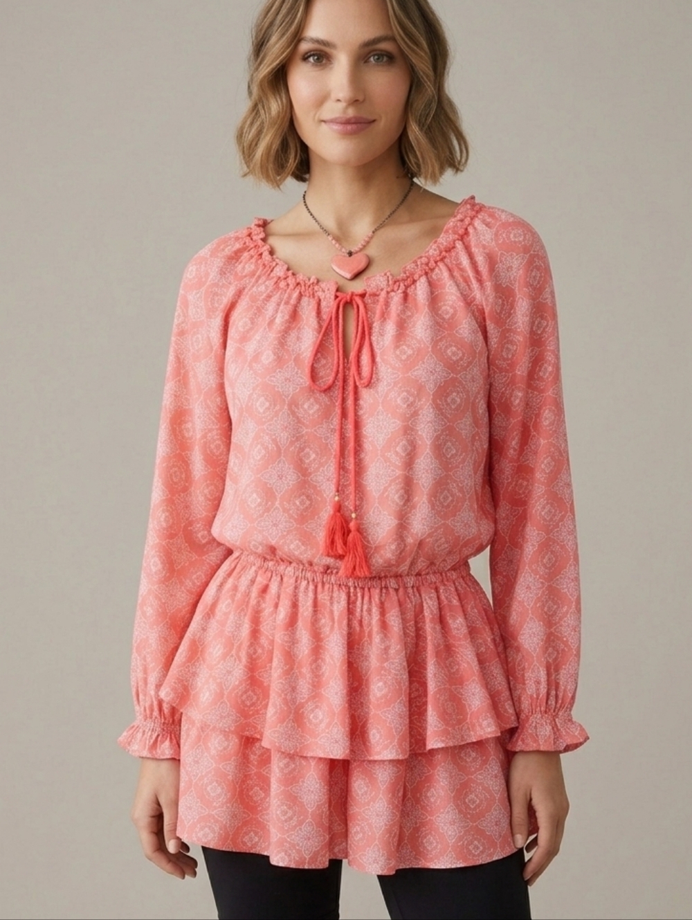 Macbeth Collection Airy Tiered Coral Pink Peasant Top XS/S